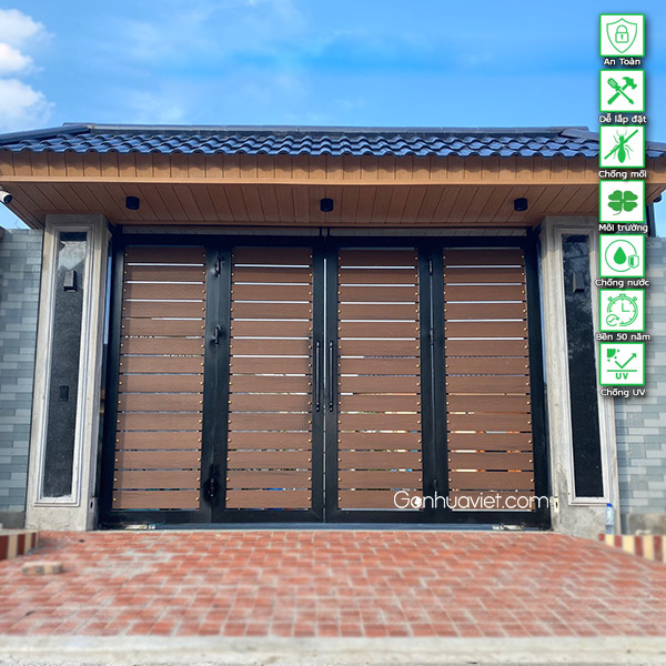 cổng gỗ nhựa khung sắt màu teak